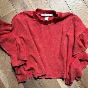 Altar'd State Red Waffle Ruffle-Sleeve Crop Top